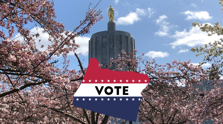 A photo of the Oregon State Capitol building surrounded by cherry blossoms. An illustration of the outline of Oregon with text that says "vote" is atop the image.