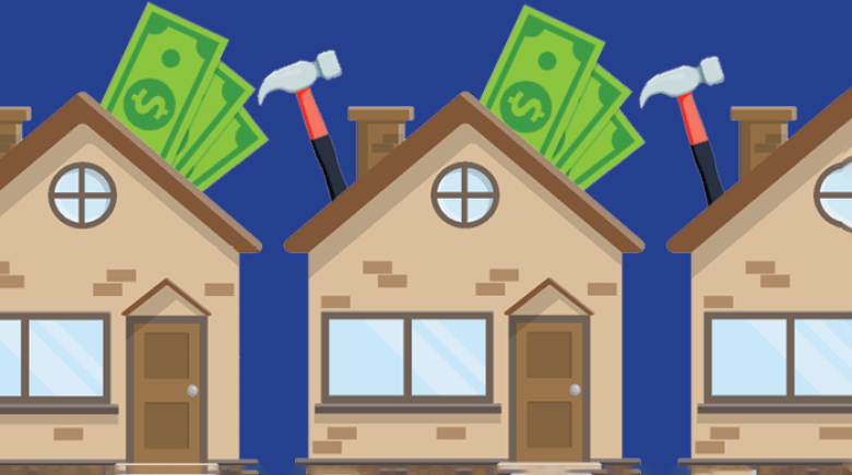 Illustrations of a house with a chimney, front door and a hammer and dollar bills atop the roof. The illustrations are on a blue background.