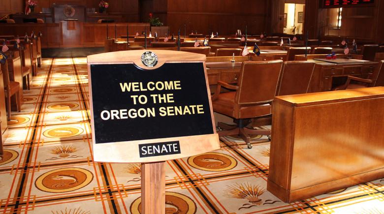 A sign says "Welcome to the Oregon Senate"