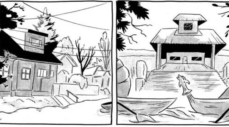 A two panel black and white comic shows a flood neighborhood and people sitting in a canoe, rowing.