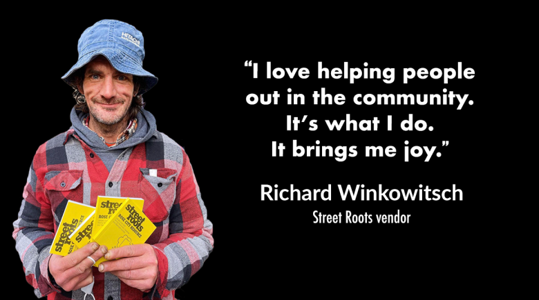 A photo of vendor Richard Winkowitsch smiling and holding up copies of the Rose City Resource Guide with "I love helping out in the community. It's what I do. It brings me joy."