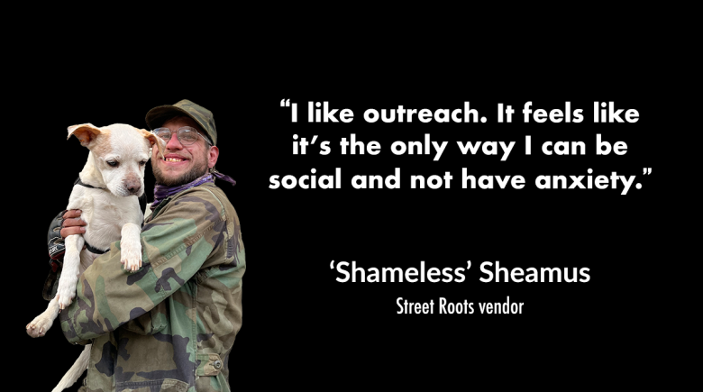 A cutout image of vendor Sheamus holding his puppy. A quote next to them says, "I like outreach. It feels like it’s the only way I can be social and not have anxiety."