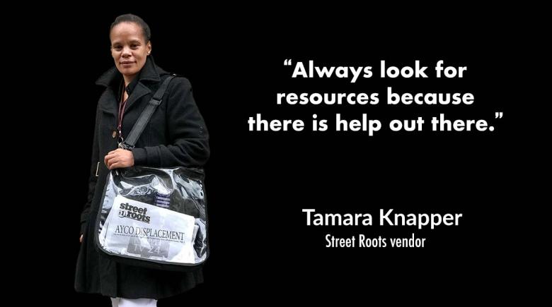 Photo of vendor Tamara Knapper next to a quote by her that reads, "always look for resources because there is help out there."