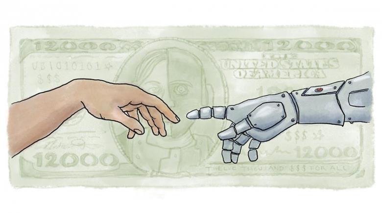 Illustration of a human hand reaching out to a robot hand with U.S. money in the background