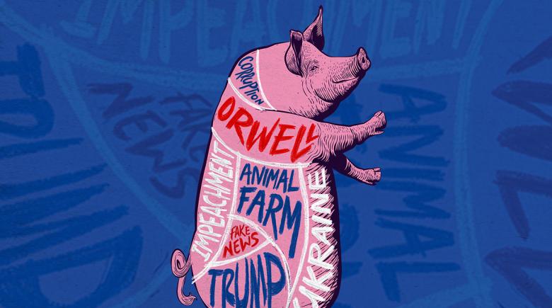 Illustration depicting a pig divided into sections labeled Trump, Animal Farm, Ukraine, Orwell, Fake News, Corruption