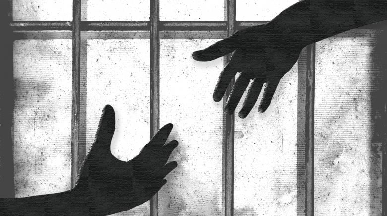 Illustration of two hands reaching for each other, but not touching, with prison bars in the background