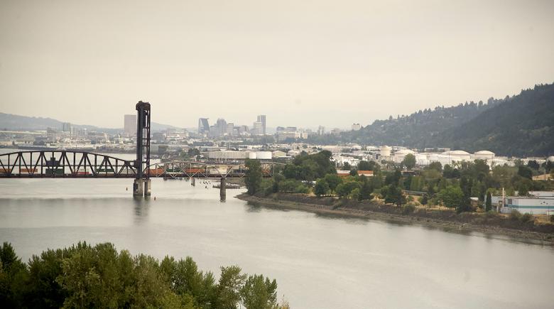 In the distance is the Willamette River with trees lining each shore and a bridge above the river.
