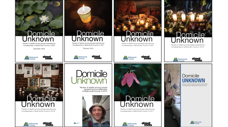 Two rows of the front pages of Domicile Unknown reports from different years including 2011, 2020, 2021 and 2023.