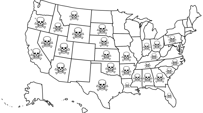 A map of the U.S. with the states outlined. Skull and crossbones are within 27 states indicating that they have the death penalty. 3 of the states have an asterisk indicating that the state has a current gubernatorial moratorium on the death penalty.