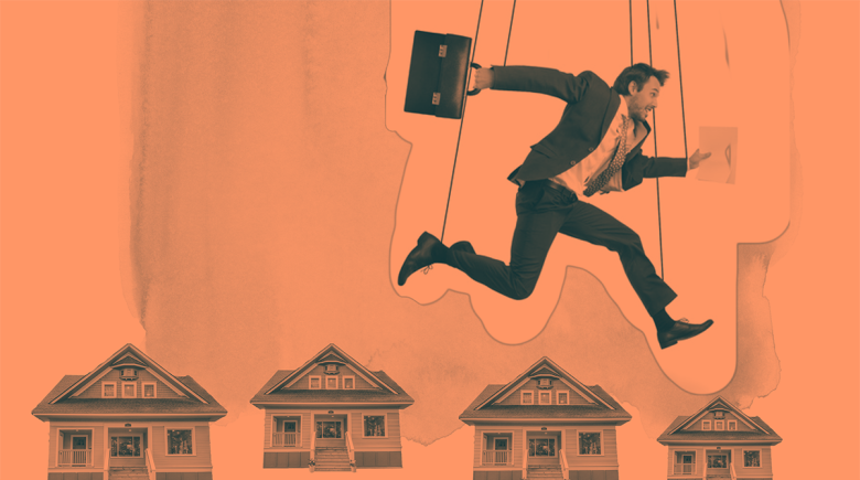 A man on an orange background looks like a puppet being held by marionette strings. The man is wearing a suit and holding a briefcase. He is leaping above houses.
