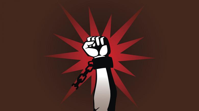 Illustration of fist rising, with handcuffs on wrist