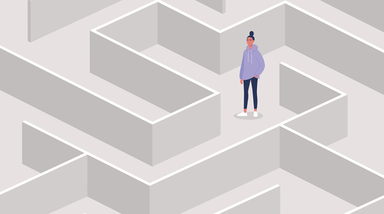 An illustration of someone standing in a maze. They are wearing a purple hoodie and black pants.