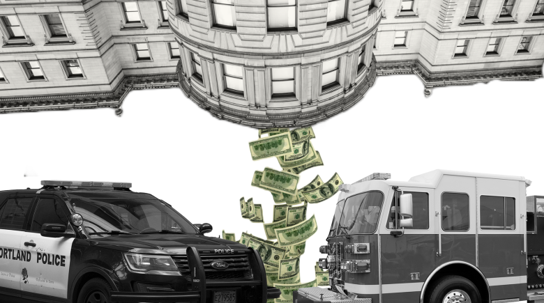 An upside down city hall building is at the top of the image with money spiraling out of the building on top of two vehicles. one is a Portland Police Bureau vehicle and the other is a firetruck.