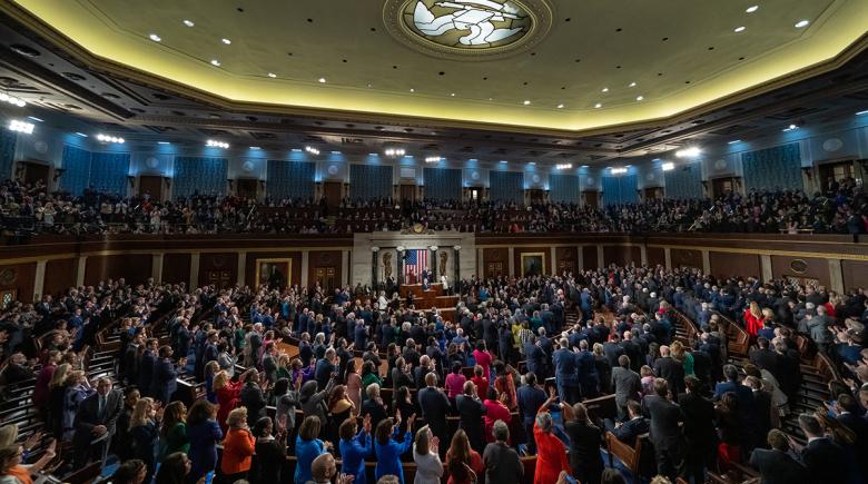 The House floor of the U.S. Capitol in Washington, D.C. filled with people as President Joe Biden delivers his State of the Union address.