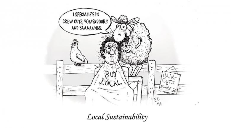 Sheeptoast editorial cartoon: Local Sustainability