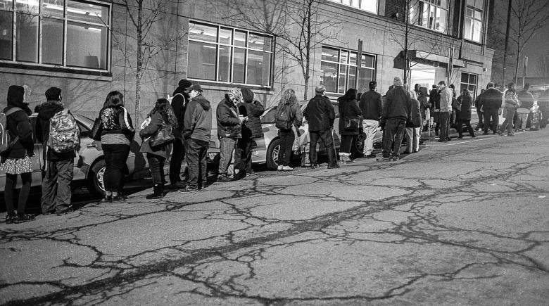 St. Francis applicants line up outside Catholic Charities