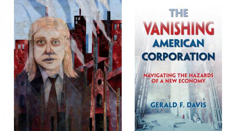 “The Vanishing American Corporation" book cover and Real Change News illustration