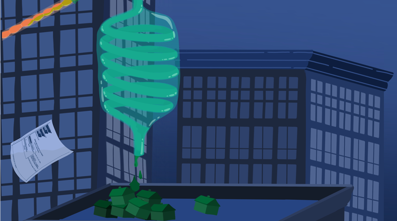 An illustration of tall blue buildings and a beaker with a green tube inside of it. The beaker is above a rooftop oozing liquid onto tiny houses.