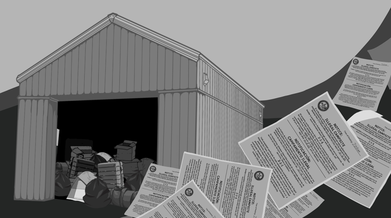 An illustration shows a storage unit filled with luggages, boxes and bags. In the foreground are a scattering of illegal campsite notices.