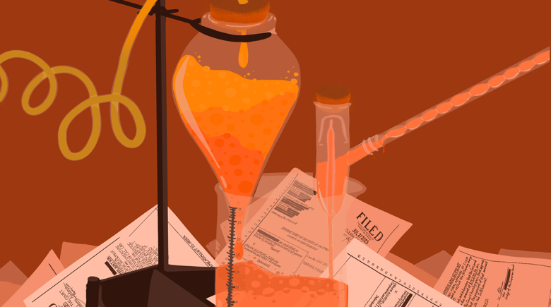 An illustration shows a beaker and test tubes with orange liquid inside of them. Below them are documents.