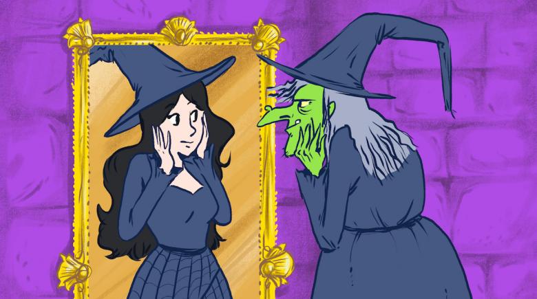 Illustration: A witch depicted as a hag looks in the mirror at a reflection of a sexualized witch