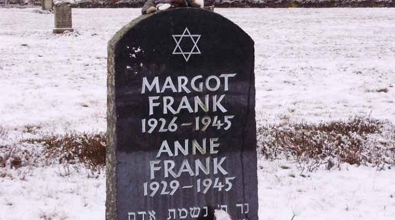 A memorial to Anne Frank and her sister, Margot, at their place of death, the former Nazi concentration camp Bergen-Belsen in Germany.