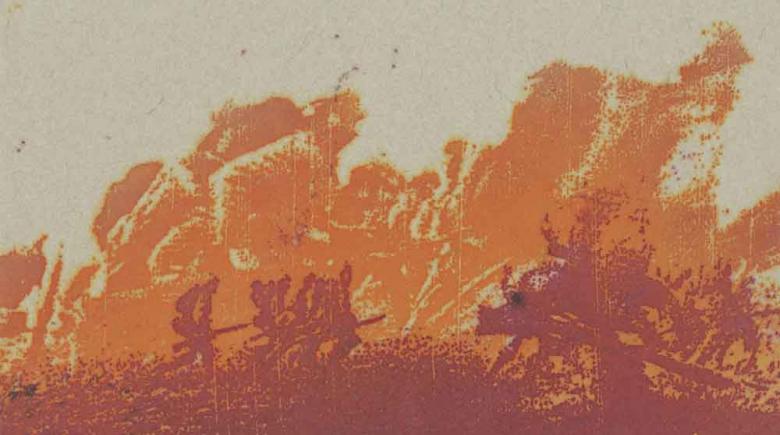A piece created by Combat Paper Project co-founder and Iraq war veteran Drew Cameron. It was part of series of prints appearing in the multimedia project, “Beyond Zero: 1914-1918.”