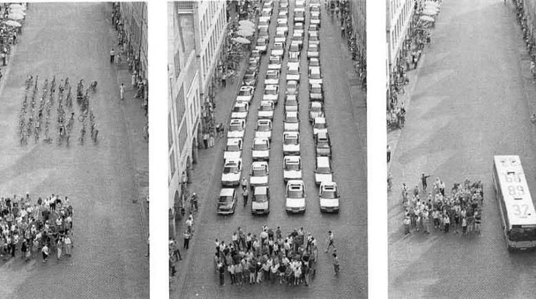 This 1991 triptych illustrates the space required for each of three modes of transportation for the same-size group of people.