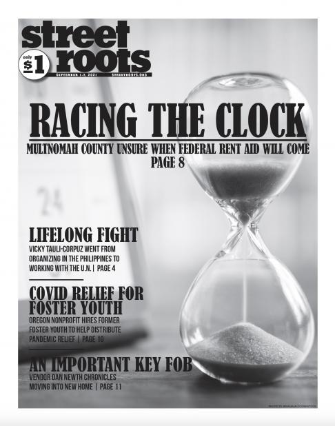 Cover photo of Sept. 1, 2021 issue of Street Roots with image of an hourglass.