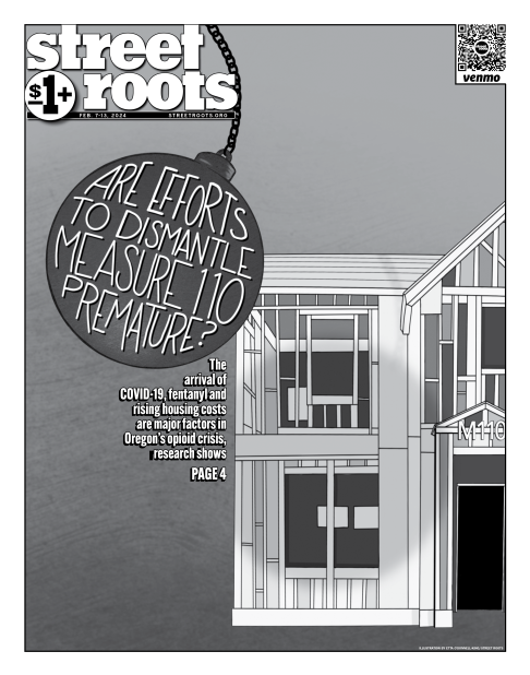 The cover of Street Roots Feb. 7, 2024 issue. In the background is an illustration of a house with "M110" above the doorway. A wrecking ball is in motion swinging toward the house. Text inside the ball says, "Are efforts to dismantle Measure 110 premature